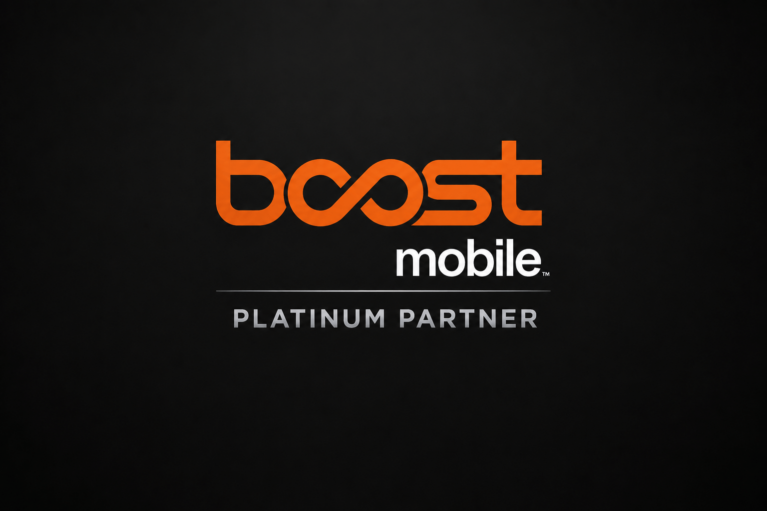 Boost Mobile logo with "PLATINUM PARTNER" underneath, set against a black background, showcasing partnership and branding for promotional content.